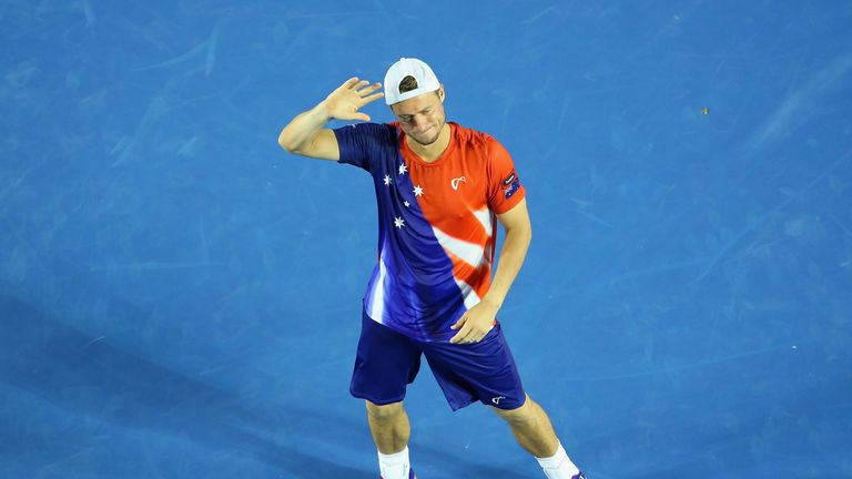 Lleyton Hewitt of Australia waves good bye to the crowd after losing his second round match against David Ferrer
