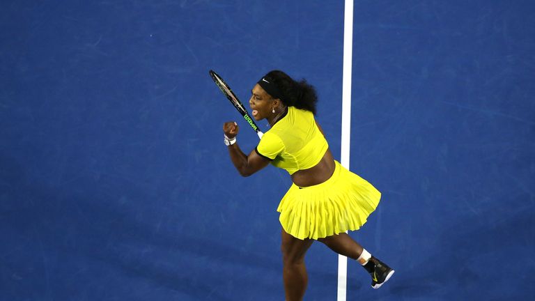 Serena Williams celebrates winning her semi-final match against Agnieszka Radwanska