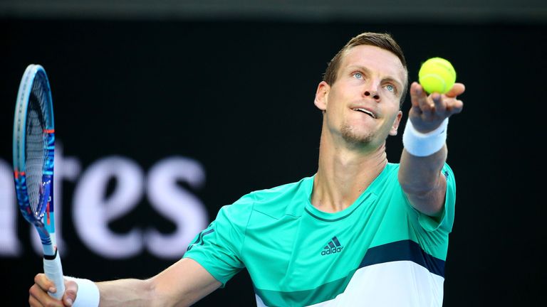 Tomas Berdych serves against Roberto Bautista Agut at the 2016 Australian Open