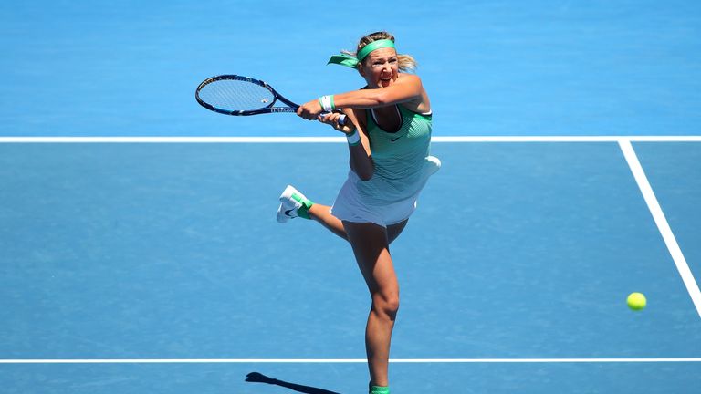 Victoria Azarenka plays a backhand in her match against Barbora Strycova at the 2016 Australian Open