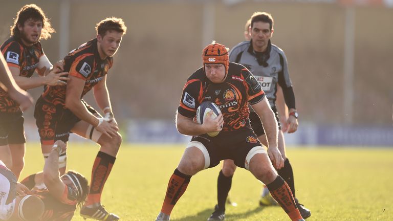 Chiefs player Thomas Waldrom makes a break during the European Rugby Champions Cup match between Exeter Chiefs and Ospreys at Sandy Park