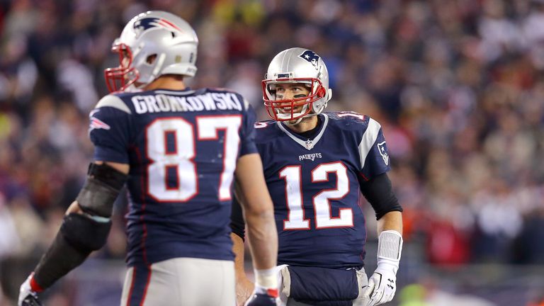 FOXBORO, MA - JANUARY 16: Tom Brady #12 of the New England Patriots looks on with Rob Gronkowski #87 in the second half against the Kansas City Chiefs