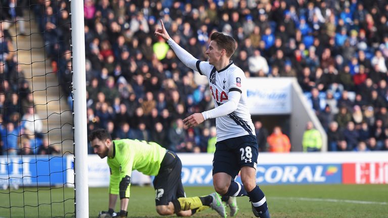 Tom Carroll of Tottenham celebrates after scoring his side's fourth goal