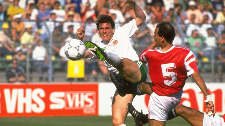 Tony Cascarino, pictured in action against Egypt in 1990, went to two World Cup finals with Republic of Ireland