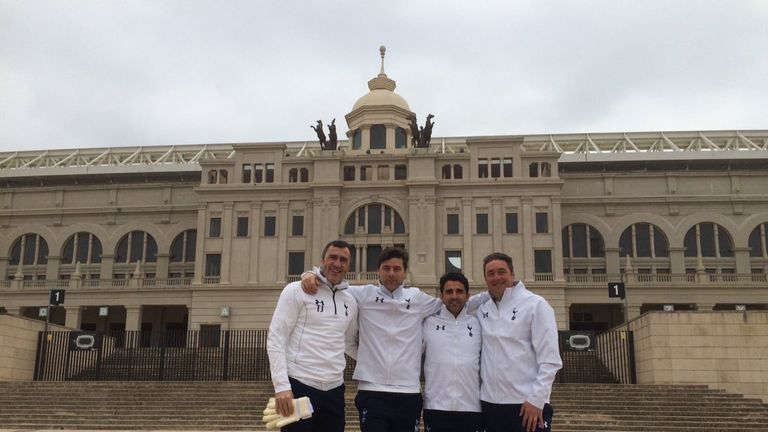 Mauricio Pochettino and his coaches outside the Olympic stadium in Barcelona (image courtesy of Tottenham Hotspur FC)