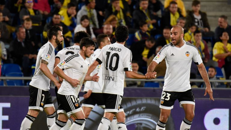 Valencia players celebrate after scoring during the Spanish Copa del Rey (King's Cup) football match UD Las Palmas vs Valencia CF