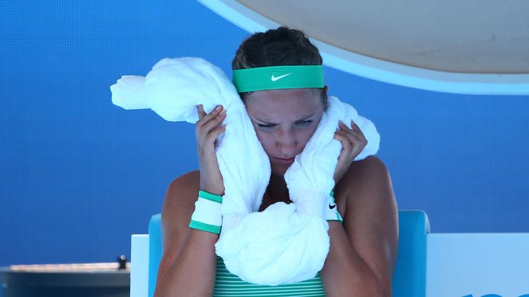 Victoria Azarenka of Belarus cools down in her quarter final match against Angelique Kerber of Germany