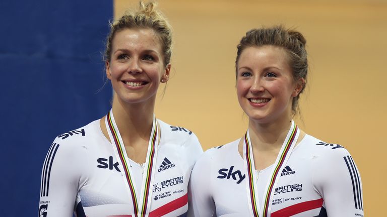 Becky James (left) of Great Britain stands on the podium alongside team mate Victoria Williamson at World Championships in Minsk