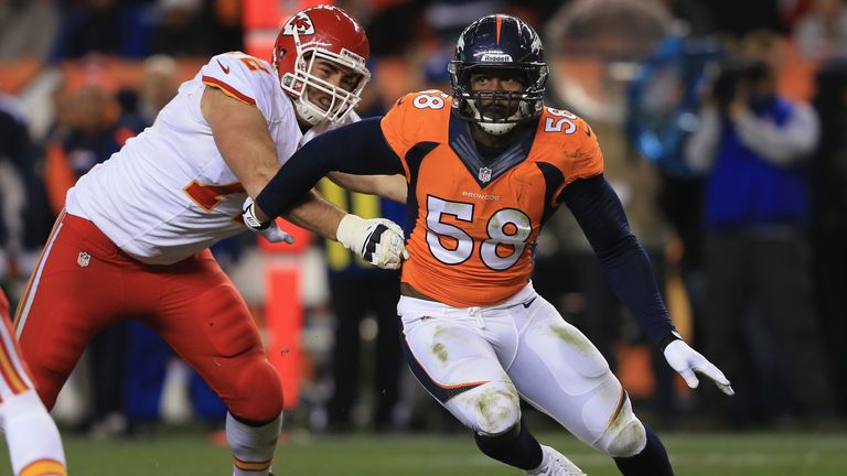 Outside linebacker Von Miller #58 of the Denver Broncos gets around the block of offensive tackle Eric Fisher #72 of the Kansas Chiefs