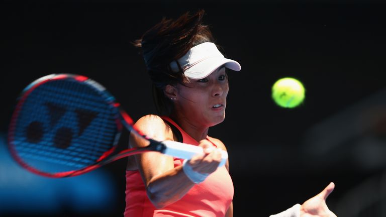 MELBOURNE, AUSTRALIA - JANUARY 18:  Qiang Wang of China plays a forehand in her first round match against Sloane Stephens of the United States during day o