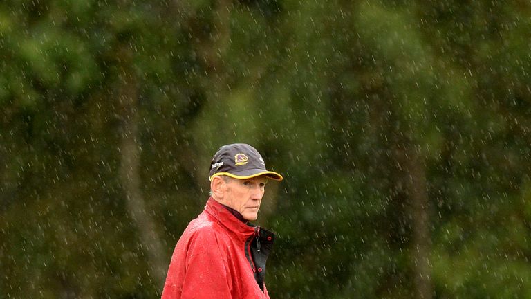  Coach Wayne Bennett watches on during the Brisbane Broncos NRL training session