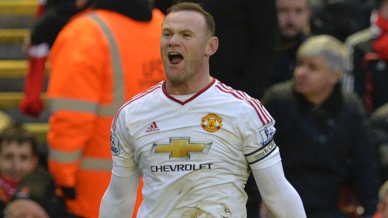 Wayne Rooney celebrates after scoring against Liverpool at Anfield