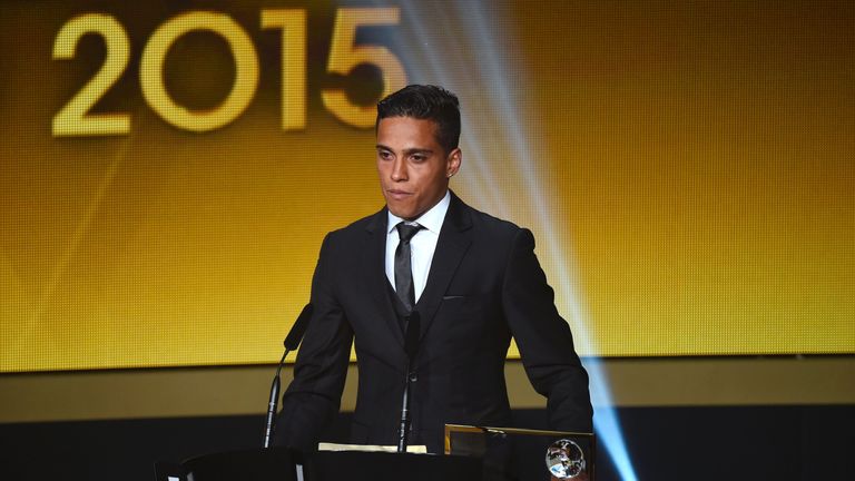 Vila Nova's Brazilian forward Wendell Lira delivers a speech after receiving the 2015 FIFA Puskas Award