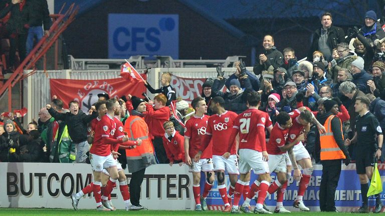 Bristol City's Wes Burns celebrates scoring during the Sky Bet Championship match v Middlesbrough at Ashton Gate