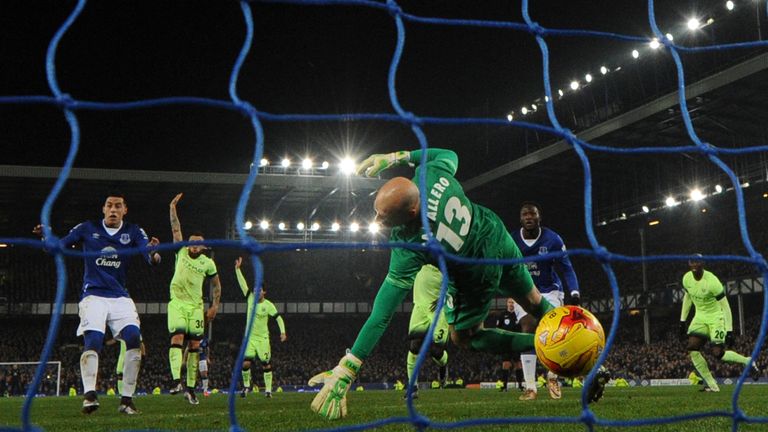 Ramiro Funes Mori scores Everton's opening goal past Man City goalkeeper Willy Caballero