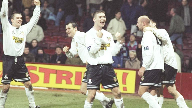 Wrexham celebrate Kevin Russell's goal in the 1-0 win at West Ham in 1997