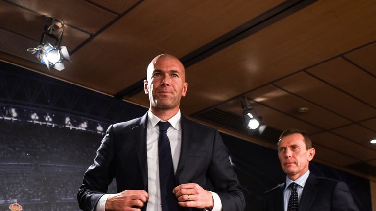 Real Madrid's new French coach Zinedine Zidane (L) 