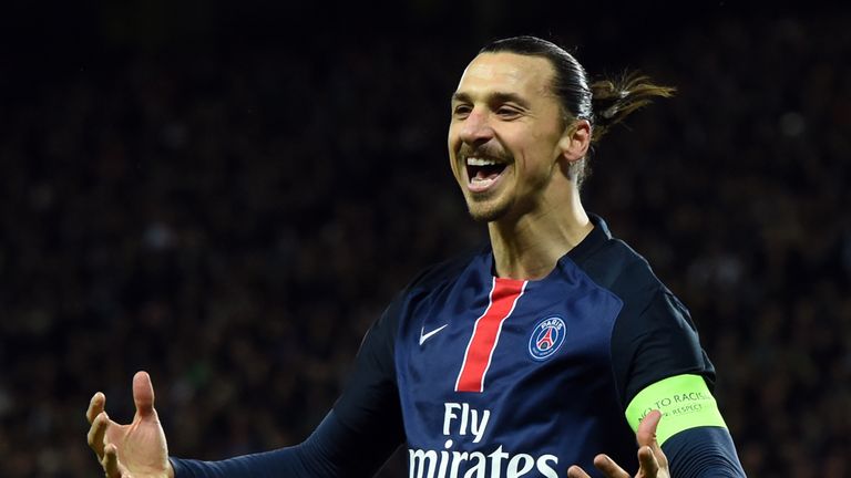 Paris Saint-Germain's Swedish forward Zlatan Ibrahimovic celebrates after scoring a goal