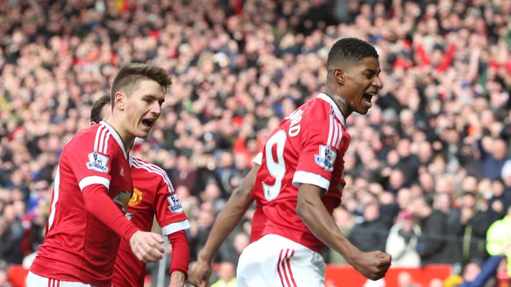 Marcus Rashford celebrates after scoring for Man United against Arsenal