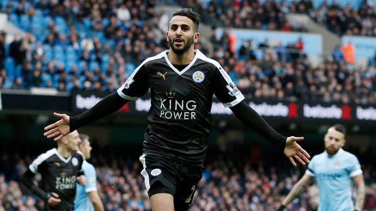 Leicester City's midfielder Riyad Mahrez celebrates