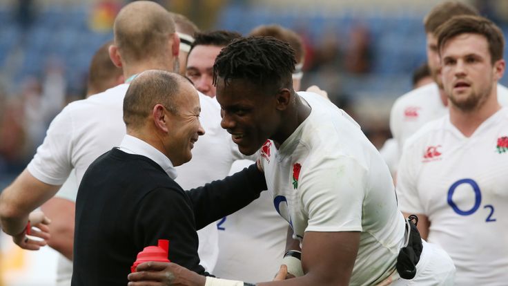 Debut cap Maro Itoje of England is congratulated by head coach Eddie Jones after the win over Italy