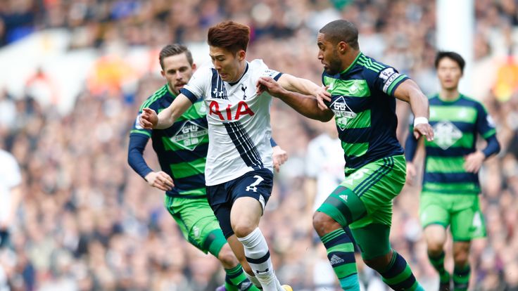 Son Heung-Min of Tottenham Hotspur is closed down by Ashley Williams of Swansea City at White Hart Lane 