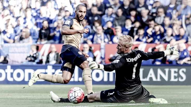 Arsenal's Theo Walcott scores past Kasper Schmeichel of Leicester during Arsenal's 5-2 Premier League win at the King Power Stadium on September 26th, 2015