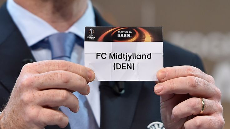 Gianni Infantino shows the name of FC Midtjylland football club during  the draw for  the UEFA Europa league round of sixteen, on December 14, 2015