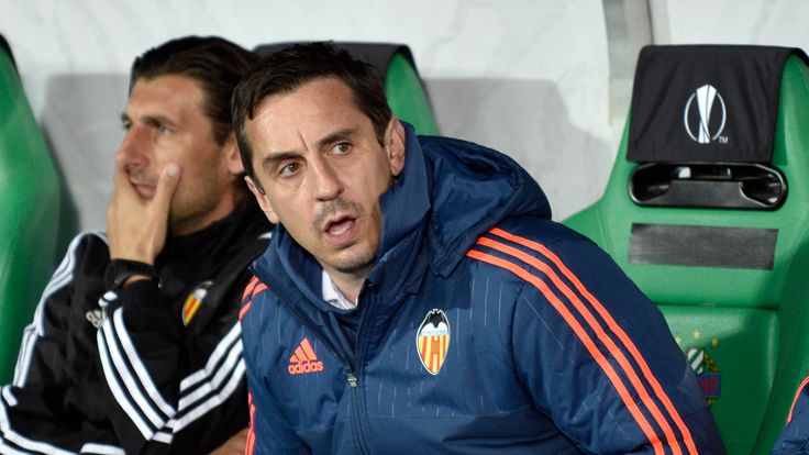 Valencia's head coach Gary Neville looks on as his side move into the last 16 of the Europa League