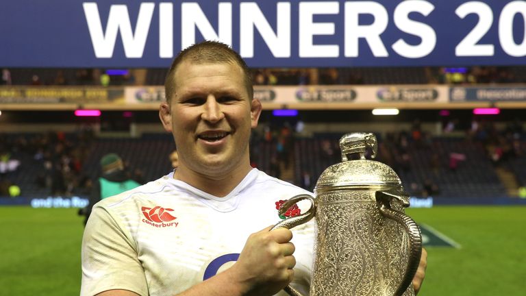 England captain Dylan Hartley poses with the Calcutta Cup following his team's victory during the RBS Six Nations match