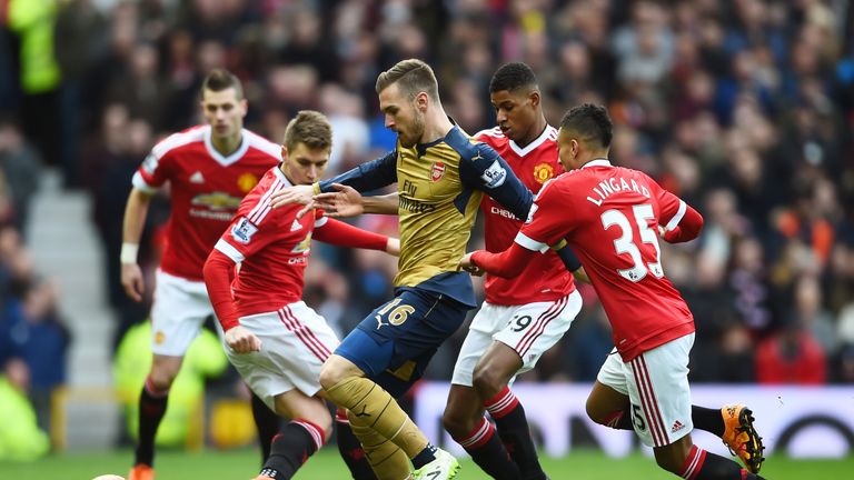 Aaron Ramsey of Arsenal is closed down by Marcus Rashford and Jesse Lingard of Manchester United