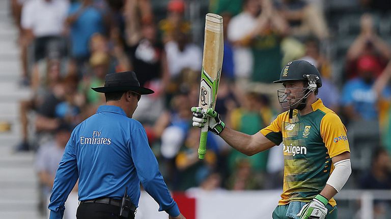 AB de Villiers celebrates reaching 50 during the 2nd Twenty20 International between South Africa and England