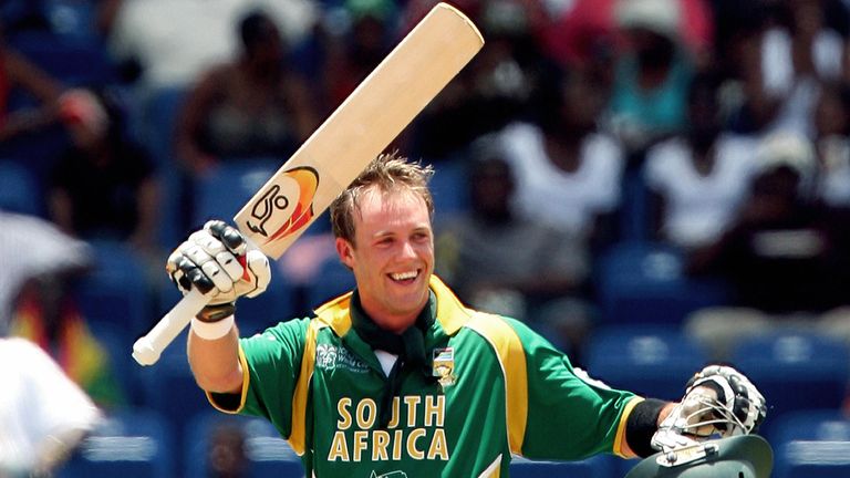 Saint George's, GRENADA: South African batsman AB de Villiers celebrates after reaching his century during the ICC World Cup 2007 Super Eight match between