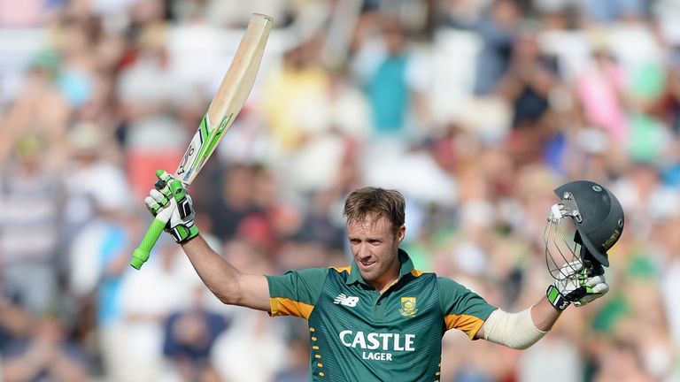 CAPE TOWN, SOUTH AFRICA - FEBRUARY 14:  South Africa captain AB de Villiers celebrates reaching his century during the 5th Momentum ODI match between South