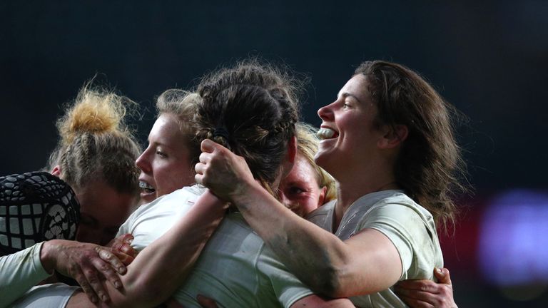 England celebrate a crucial try from Abbie Scott