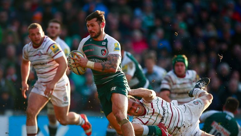 LEICESTER, ENGLAND - FEBRUARY 28:  Adam Thompstone of Leicester avoids a tackle from Andrew Fenby of London Irish during the Aviva Premiership match betwee