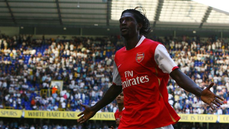 Emmanuel Adebayor celebrates scoring for Arsenal against Tottenham in 2007