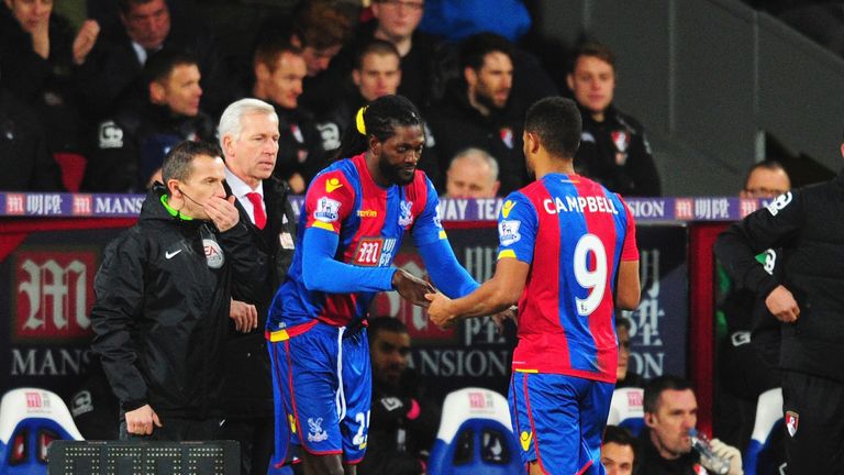 Emmanuel Adebayor comes on for his Crystal Palace debut, replacing Fraizer Campbell.