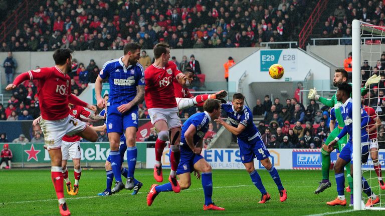 Aden Flint scores Bristol City's second goal against Ipswich.