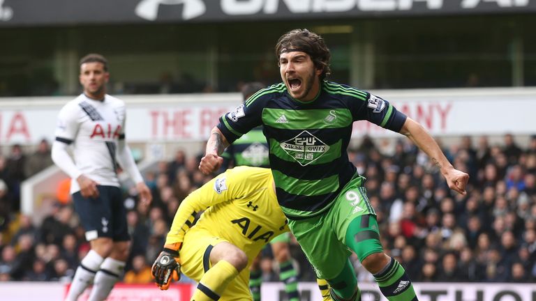 Alberto Paloschi celebrates after scoring for Swansea against Spurs