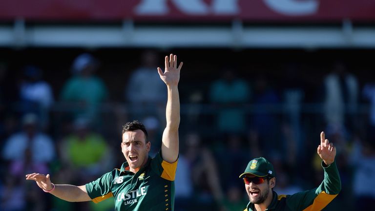 Kyle Abbott and Rilee Rossouw of South Africa successfully appeal for the wicket of Alex Hales of England during the 2nd ODI