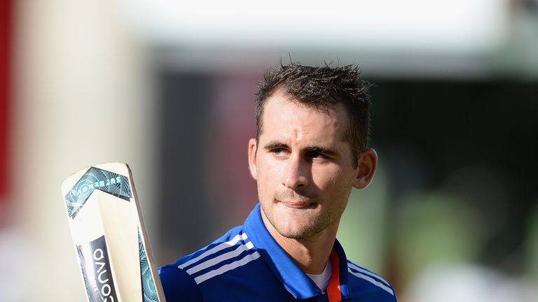 Alex Hales of England leaves the field after making 99 runs