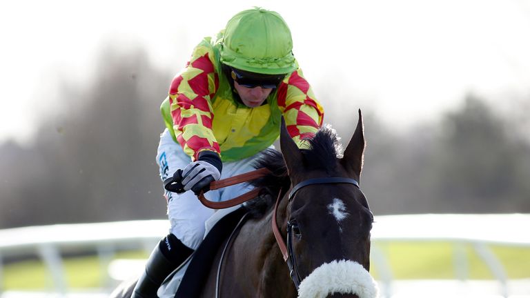 LEICESTER, ENGLAND - FEBRUARY 03:  Alain Cawley riding Allysson Monterg clear the last to win The EBF Stallions 'National Hunt' Novices' Hurdle Race at Lei