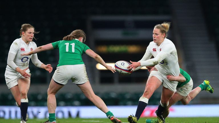 Amber Reed of England offloads during England's win over Ireland at Twickenham