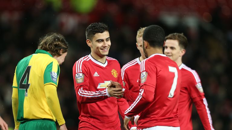 Andreas Pereira of Manchester United U21s celebrates scoring their fourth goal