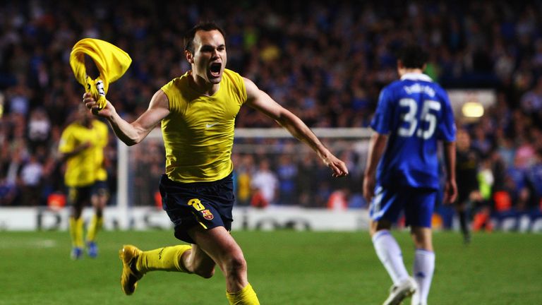 Andres Iniesta of Barcelona celebrates scoring late on in the UEFA Champions League semi-final second leg match against Chelsea in May 2009