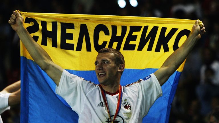 Andriy Shevchenko of AC Milan celebrates after scoring the winning penalty in the Champions League Final match against Juventus 