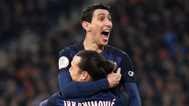 Paris Saint-Germain's Argentinian forward Angel Di Maria (TOP) celebrates with Paris Saint-Germain's Swedish forward Zlatan Ibrahimovic 