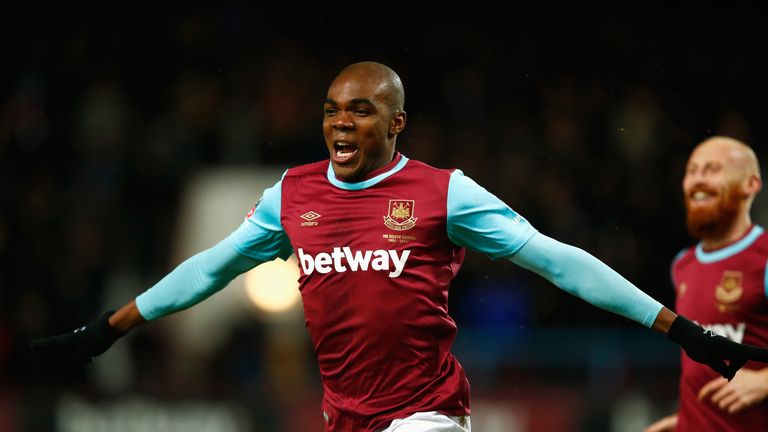 Angelo Ogbonna Obinza of West Ham United celebrates as he scores their winning goal against Liverpool