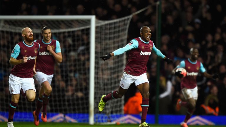 Angelo Ogbonna celebrates after scoring the winner in West Ham's FA Cup fourth round replay with Liverpool
